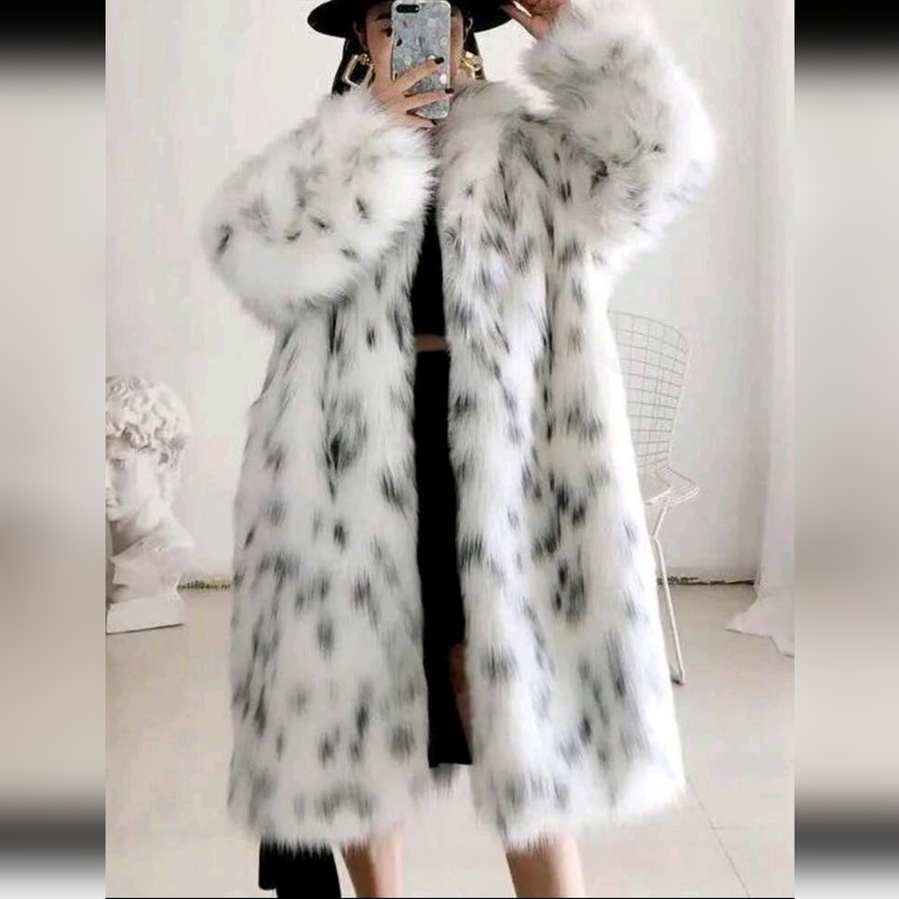 Ladies' Faux Fur Long Coat, Fashionable Casual Leopard Print Black Faux Fur Outw - Picture 2 of 9